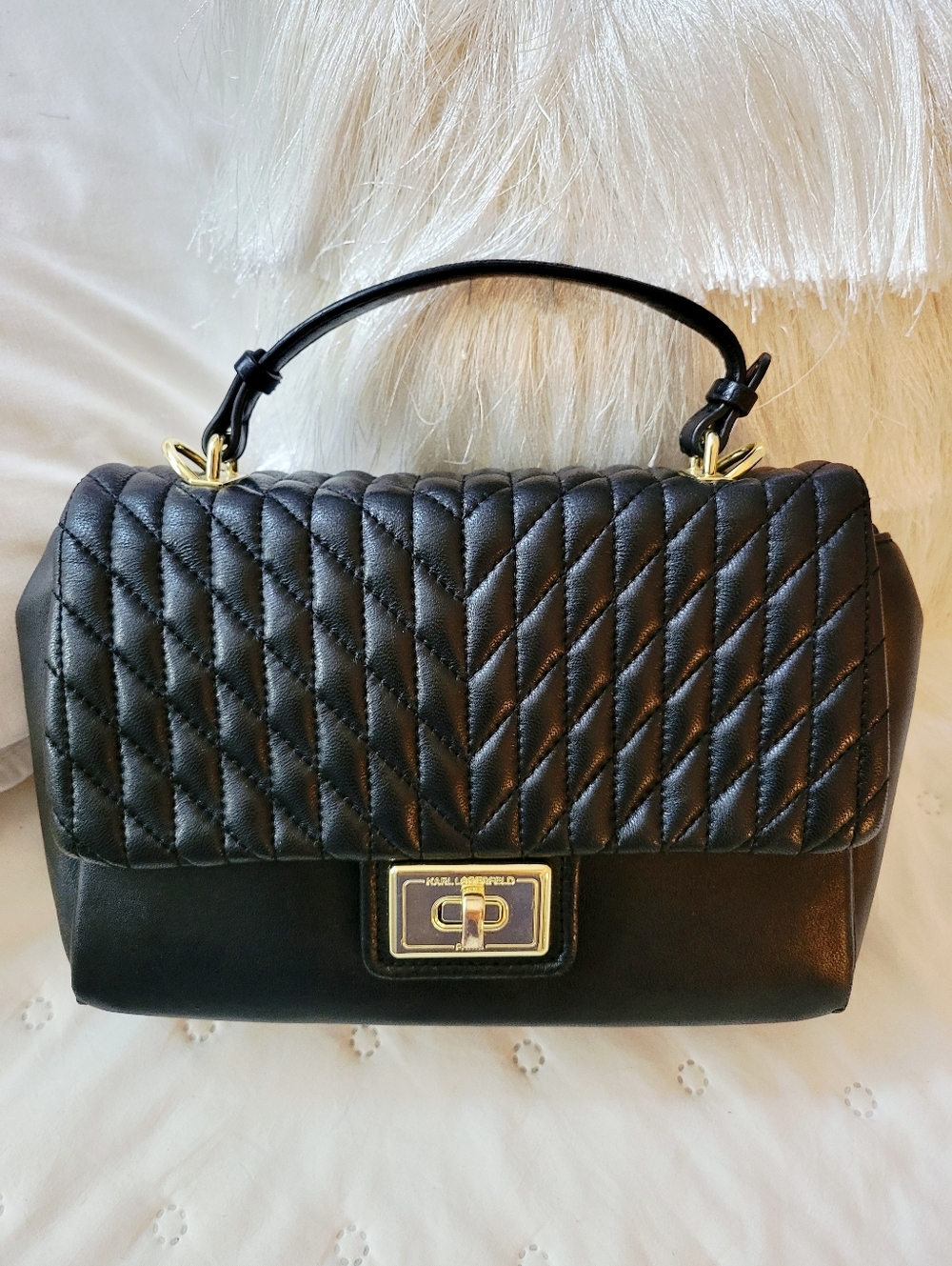 Karl Lagerfeld Paris Agyness Lucien Quilted Leather Satchel - Black/Gold - Picture 8 of 11